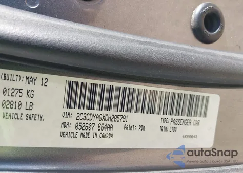 2012 Dodge Challenger Sxt из США, поврежденный, VIN 2C3CDYAGXCH285791